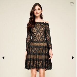 Tadashi Shoji Black ALDER EMBROIDERED TULLE DRESS long sleeve off shoulder 3D